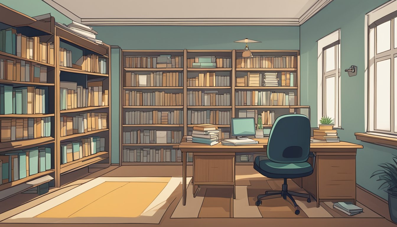 A quiet study room with shelves of books, a computer, and a desk with a stack of papers. A sign on the wall reads "Frequently Asked Questions."