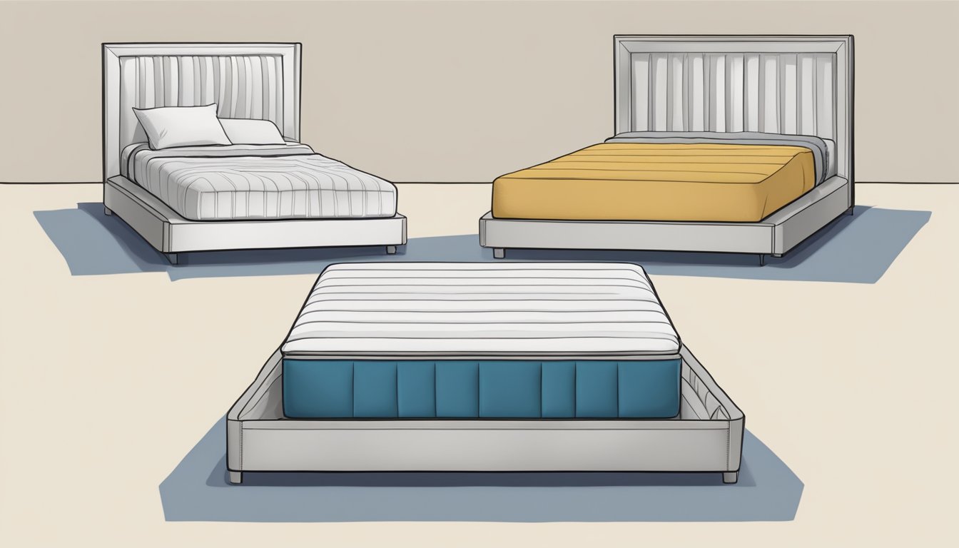 A room with three mattresses: twin (99x191), queen (152x203), and king (193x203) laid out side by side