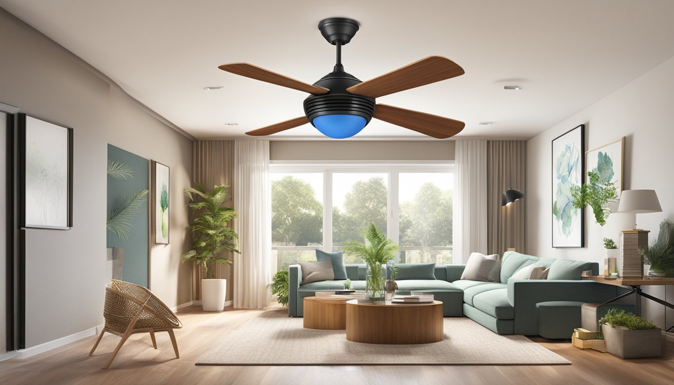 The acorn fan is mounted high on the ceiling, positioned directly above the center of the room for optimal airflow