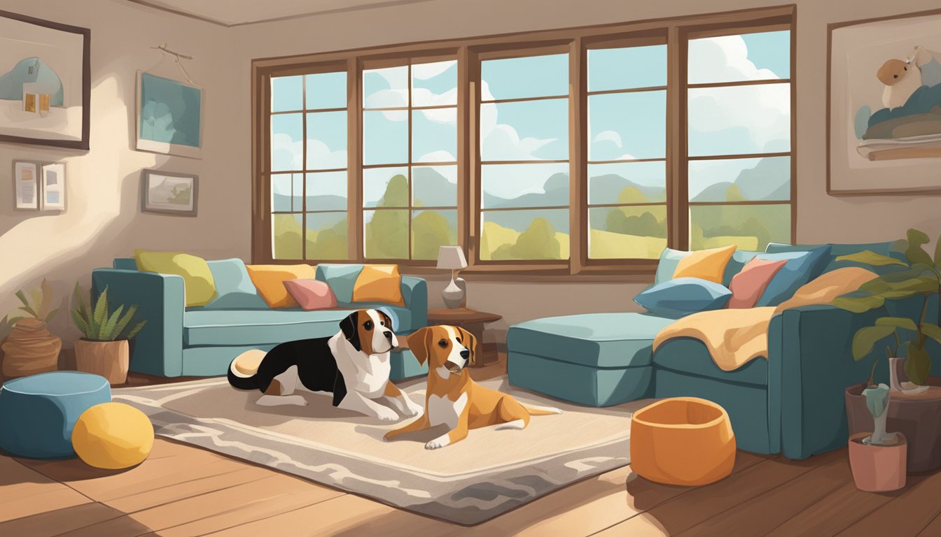 Several dog beds arranged in a cozy corner, with soft blankets and toys scattered around. A large window lets in natural light, creating a warm and inviting atmosphere