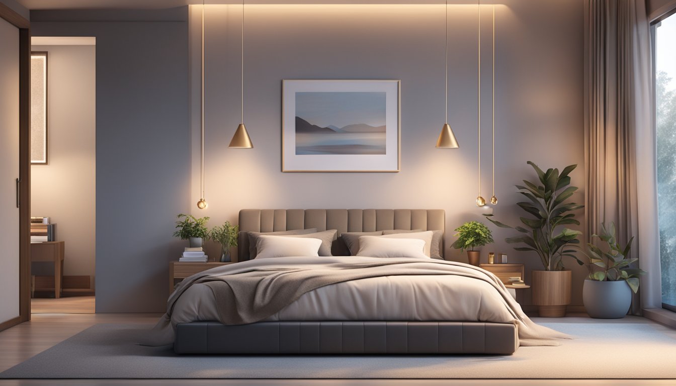 A cozy bedroom with a sleek, modern bed frame, soft bedding, and warm lighting, creating a tranquil atmosphere for blissful sleep
