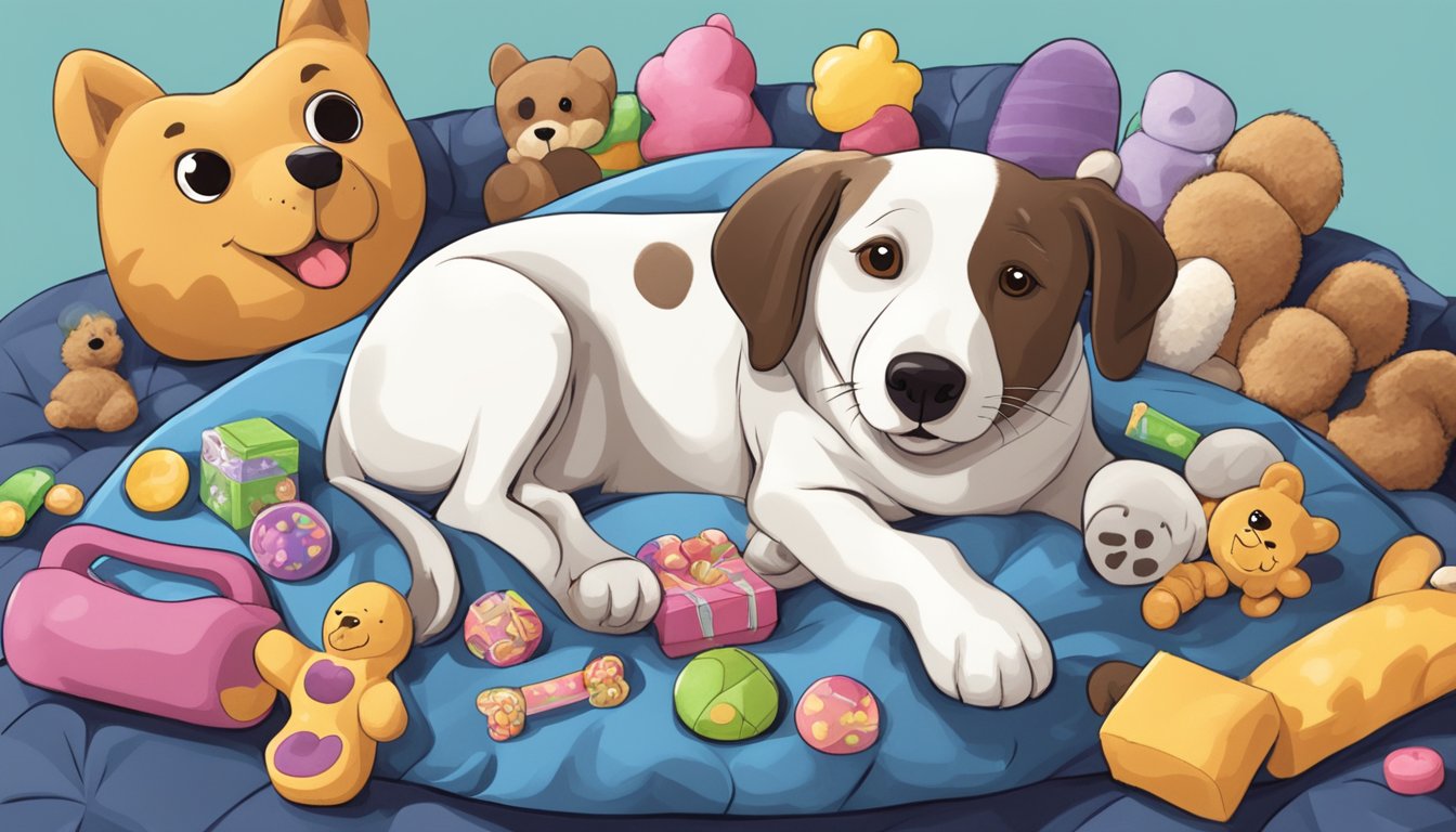 A dog snuggles in a plush bed, surrounded by toys and treats