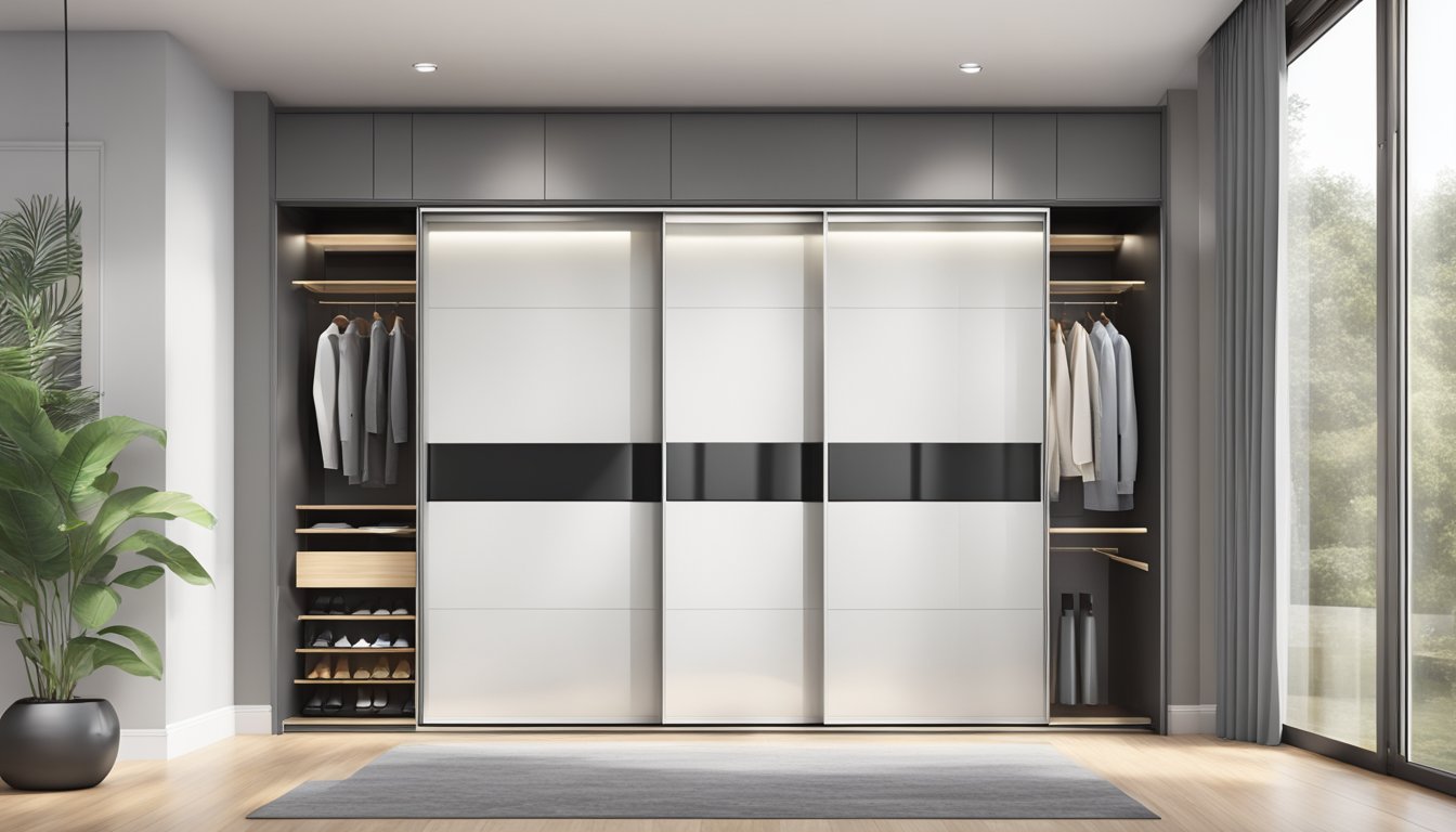 Two sliding wardrobe doors reveal a spacious interior with shelves and hanging space. The doors are sleek and modern, with a reflective surface that catches the light