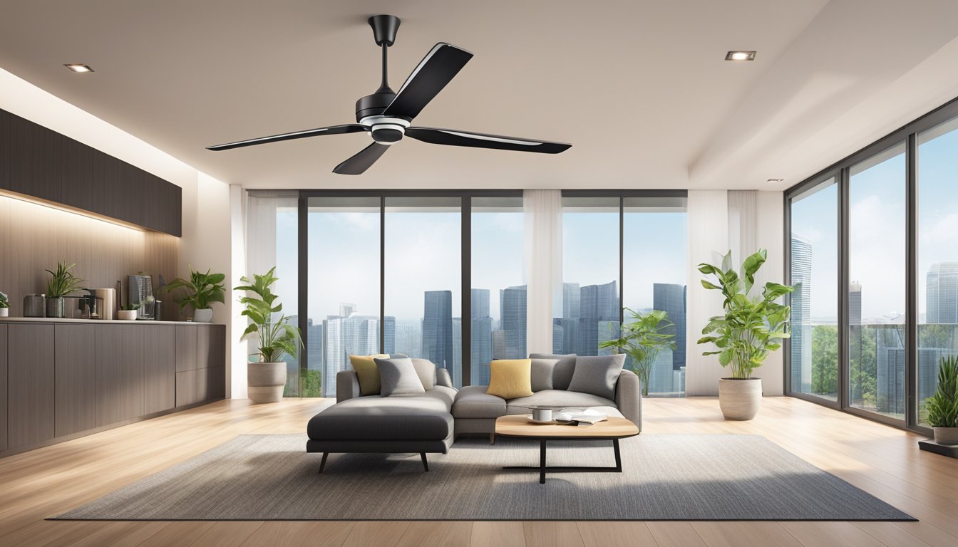 A modern, sleek ceiling fan spins silently in a well-lit room in Singapore