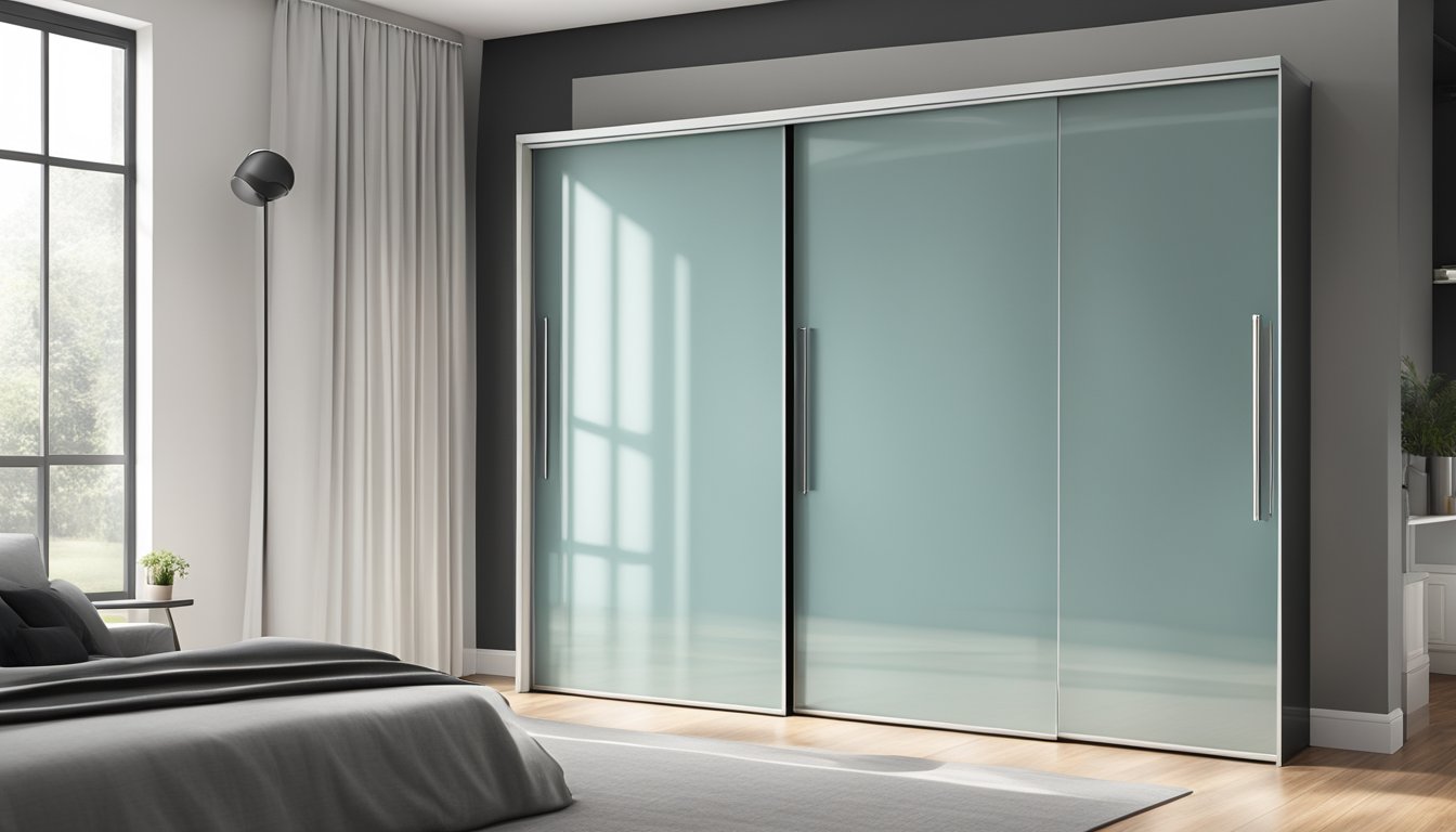 A sleek, modern sliding wardrobe door with a minimalist design, featuring clean lines, and a glossy finish