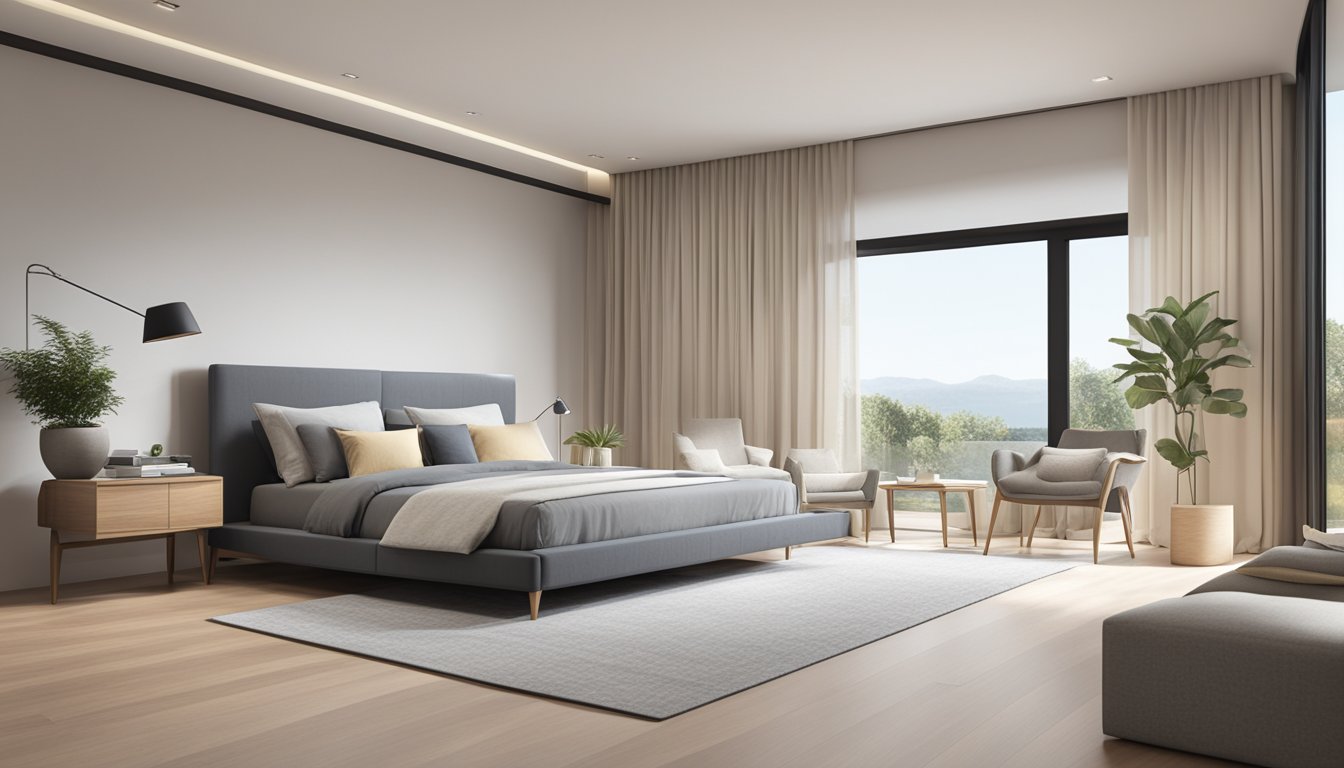 A sleek, modern bed frame sits in the center of a spacious, well-lit bedroom. The room is tastefully decorated with minimalist furniture and soft, neutral-colored bedding
