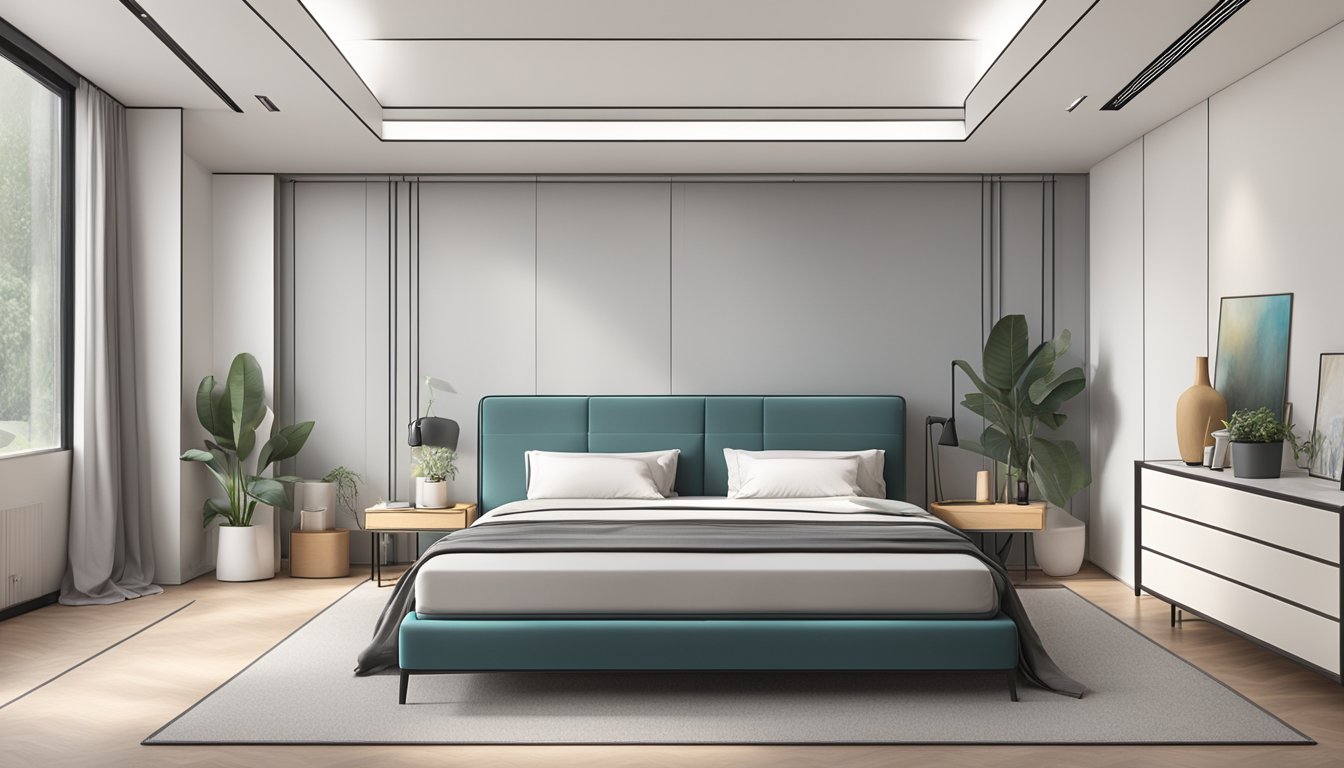 A bedroom with a modern bed frame on sale in Singapore, surrounded by FAQs in a clean, minimalist setting