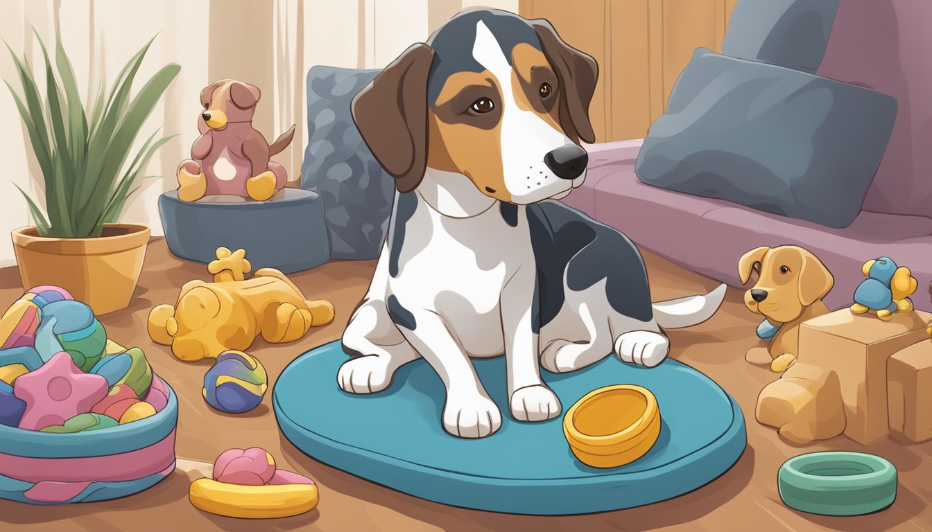 A dog lying comfortably on a plush bed, surrounded by various dog toys and a bowl of water