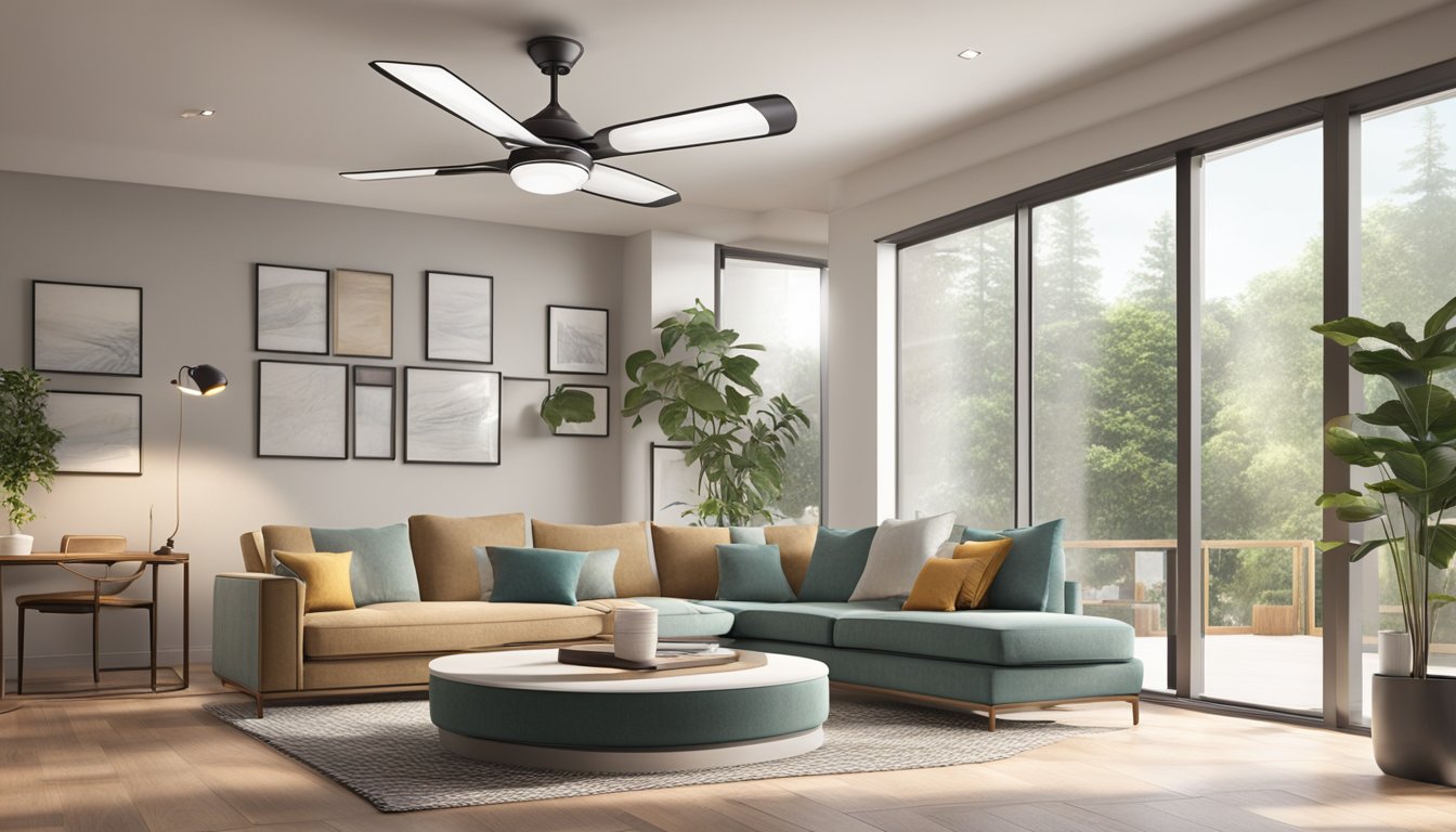 A modern living room with a sleek, white ceiling fan spinning above a cozy seating area. The fan is mounted on a high ceiling with recessed lighting, creating a comfortable and stylish atmosphere