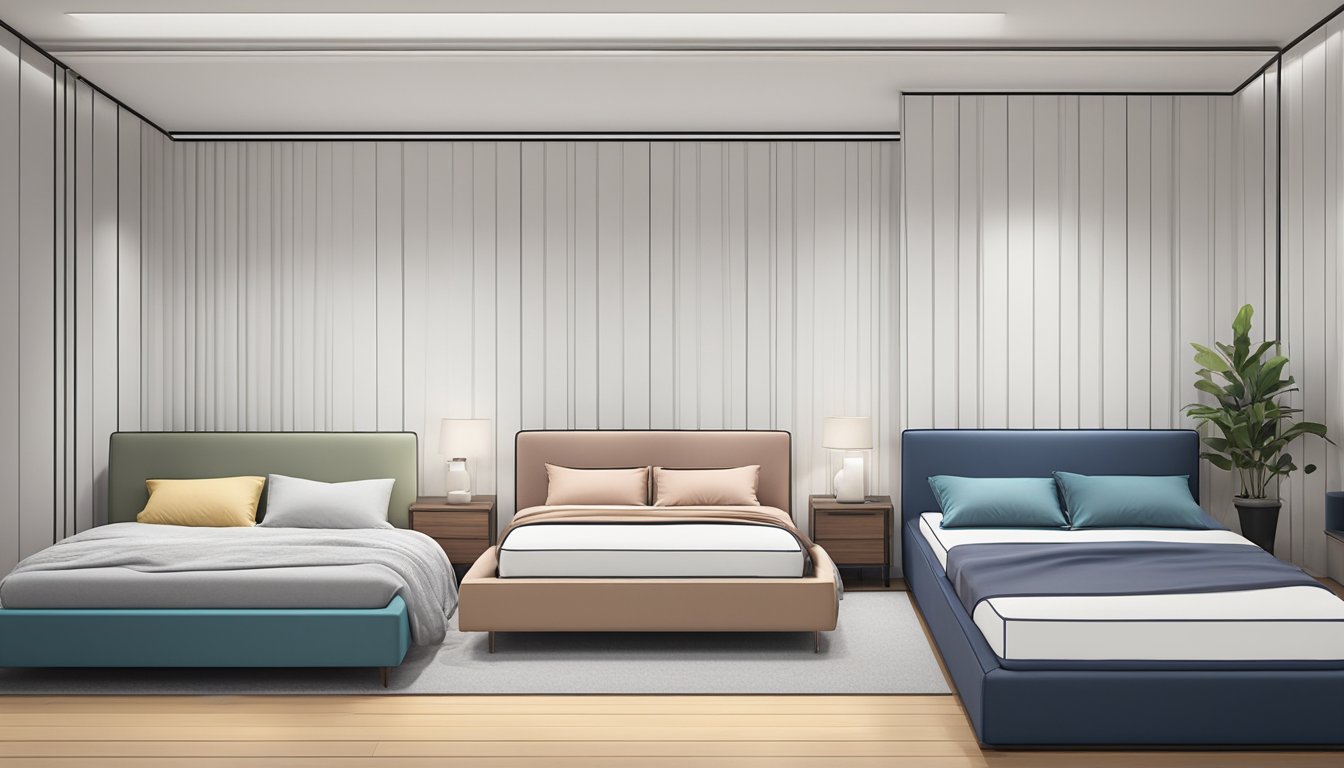 A bedroom with a variety of mattress sizes lined up against a wall, with measurements in centimeters displayed next to each one