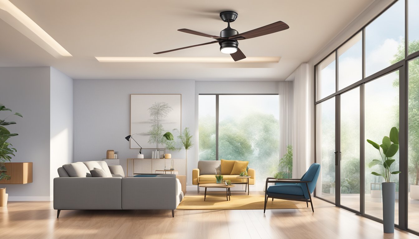 A hand reaches up to adjust the speed and direction of a sleek, modern ceiling fan in a well-lit room