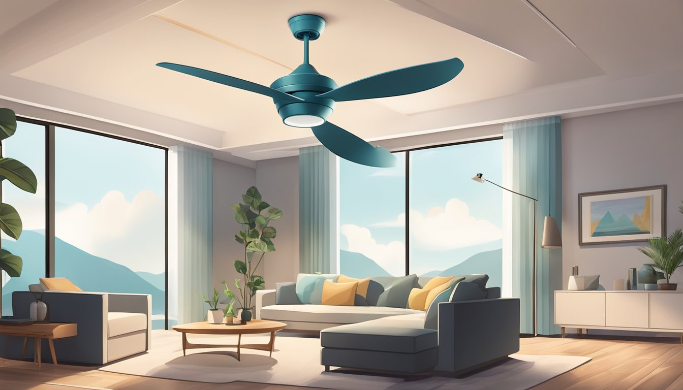 A modern ceiling fan spinning quietly above a cozy living room, with a sleek and stylish design, casting a gentle breeze
