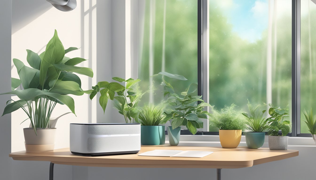 A Europace air purifier sits on a clean, modern desk, surrounded by plants and natural light streaming in through a nearby window