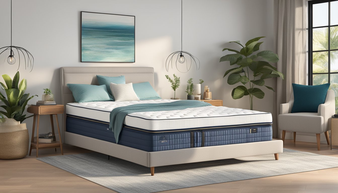 A sea horse mattress displayed with pricing, availability details, and after-sales information in a serene bedroom setting