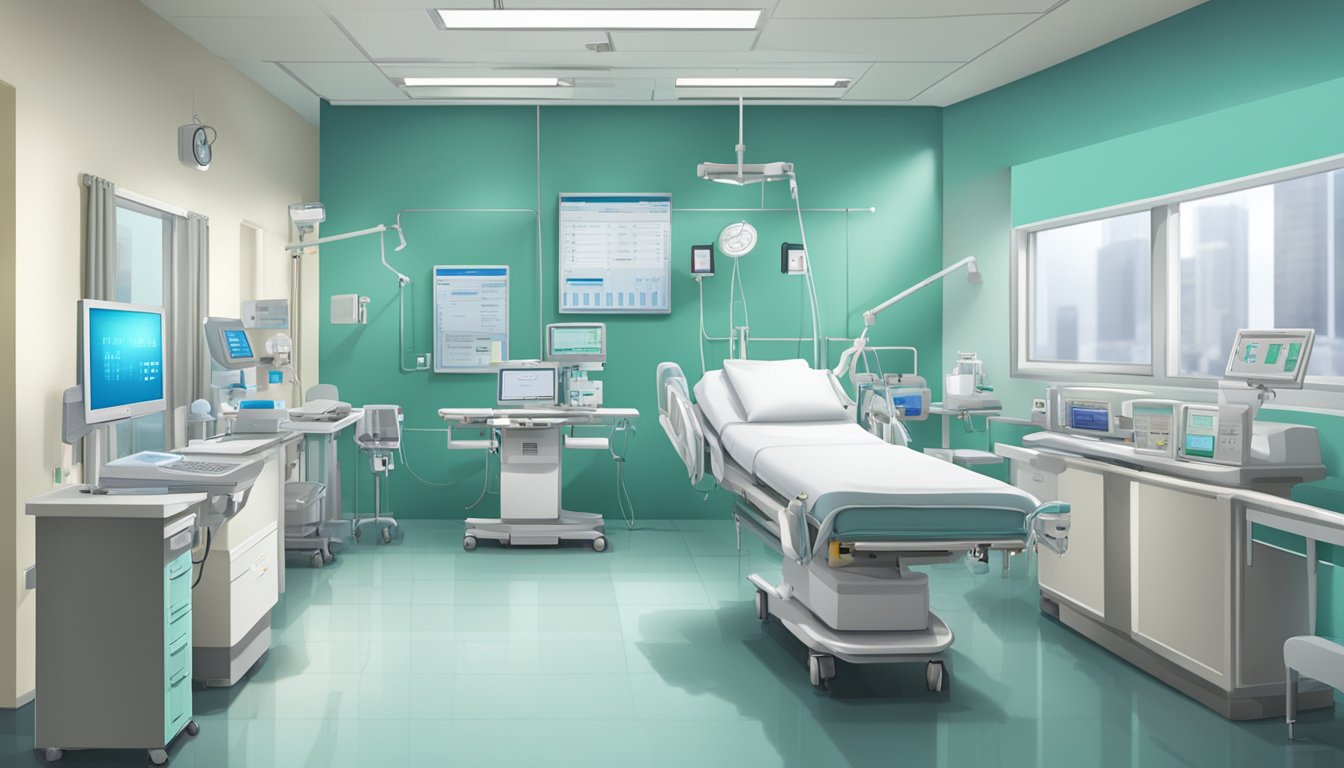 A hospital room with medical equipment and a price list for heart bypass surgery in Singapore