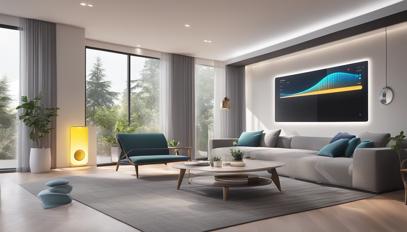 A modern living room with Europace air purifier removing pollutants from the air. LED display shows real-time air quality. Sleek design with touch controls