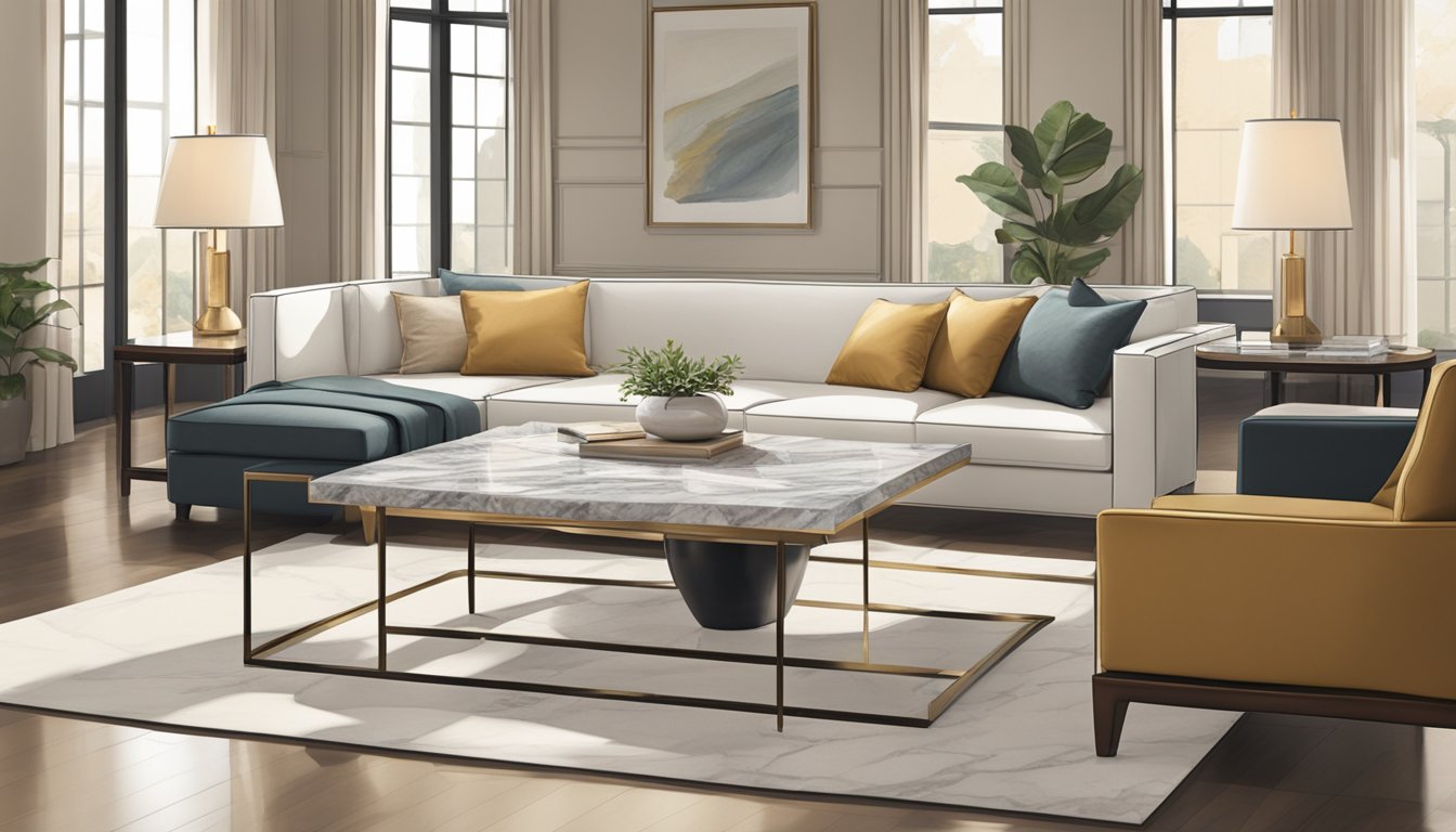 A marble top coffee table sits in a well-lit showroom, surrounded by other furniture. The table's smooth surface reflects the ambient light, showcasing its elegant design