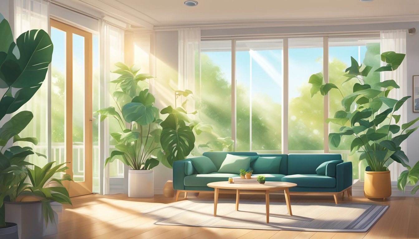 A bright, airy living room with a Europace air purifier quietly working in the corner, surrounded by lush green plants and sunlight streaming in through the windows