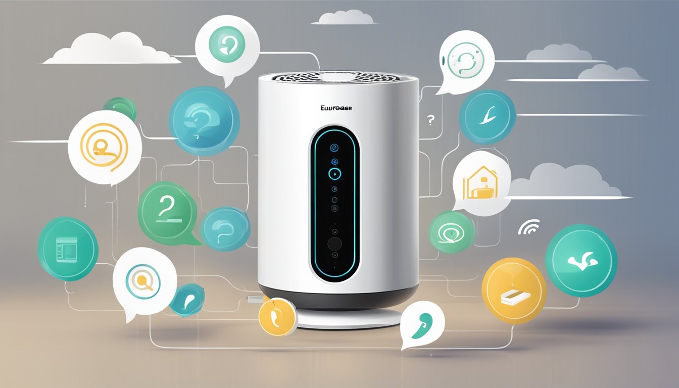 A europace air purifier surrounded by floating question marks and a list of frequently asked questions