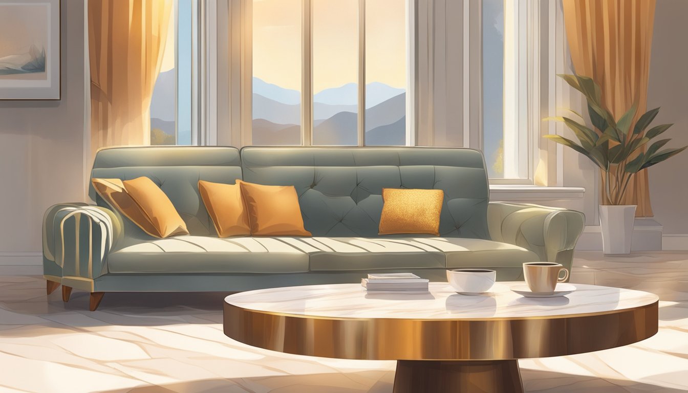 A hand reaches for a cloth, polishing the smooth surface of a marble coffee table. Sunlight streams through a nearby window, casting a warm glow on the elegant piece of furniture