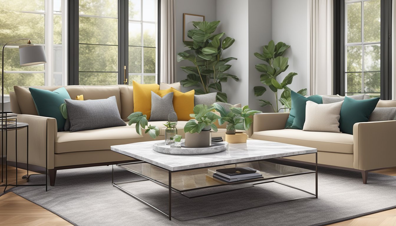 A marble top coffee table in a modern living room, surrounded by stylish furniture and decor
