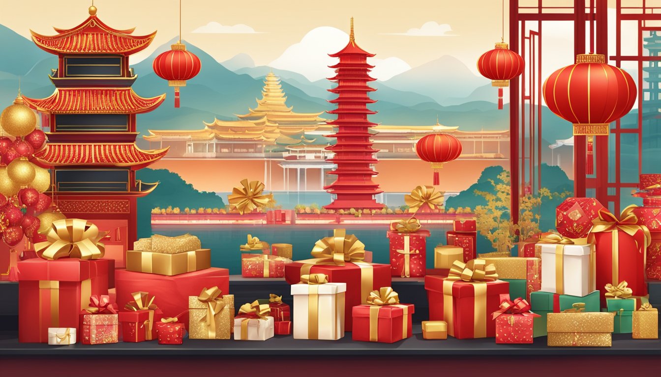 A festive scene with red and gold corporate gifts, traditional Chinese decorations, and Singaporean landmarks in the background