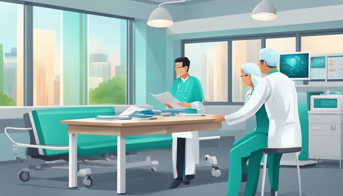 A hospital room with a doctor and patient discussing heart bypass surgery cost in Singapore. Medical equipment and brochures on a table