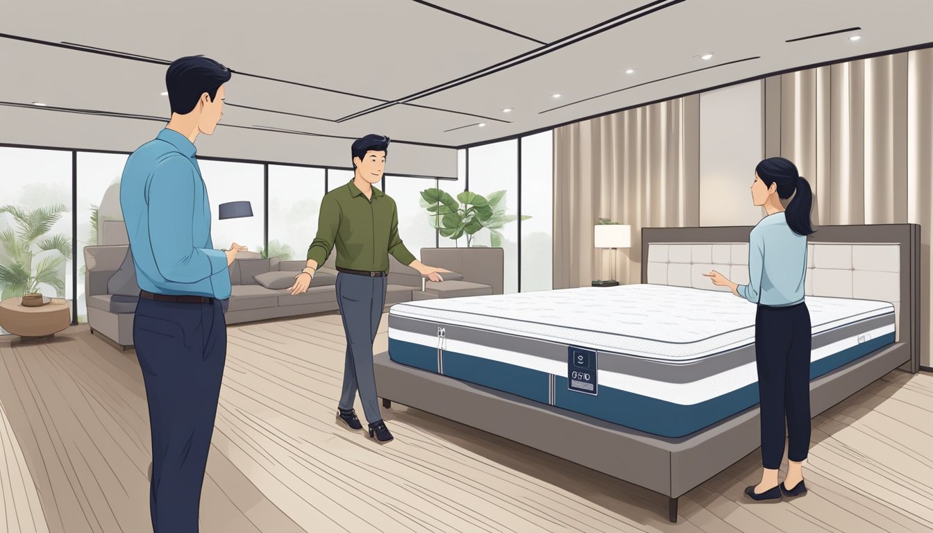 A couple stands in a showroom, comparing different queen size mattresses in Singapore. The salesperson points out features as they consider their options