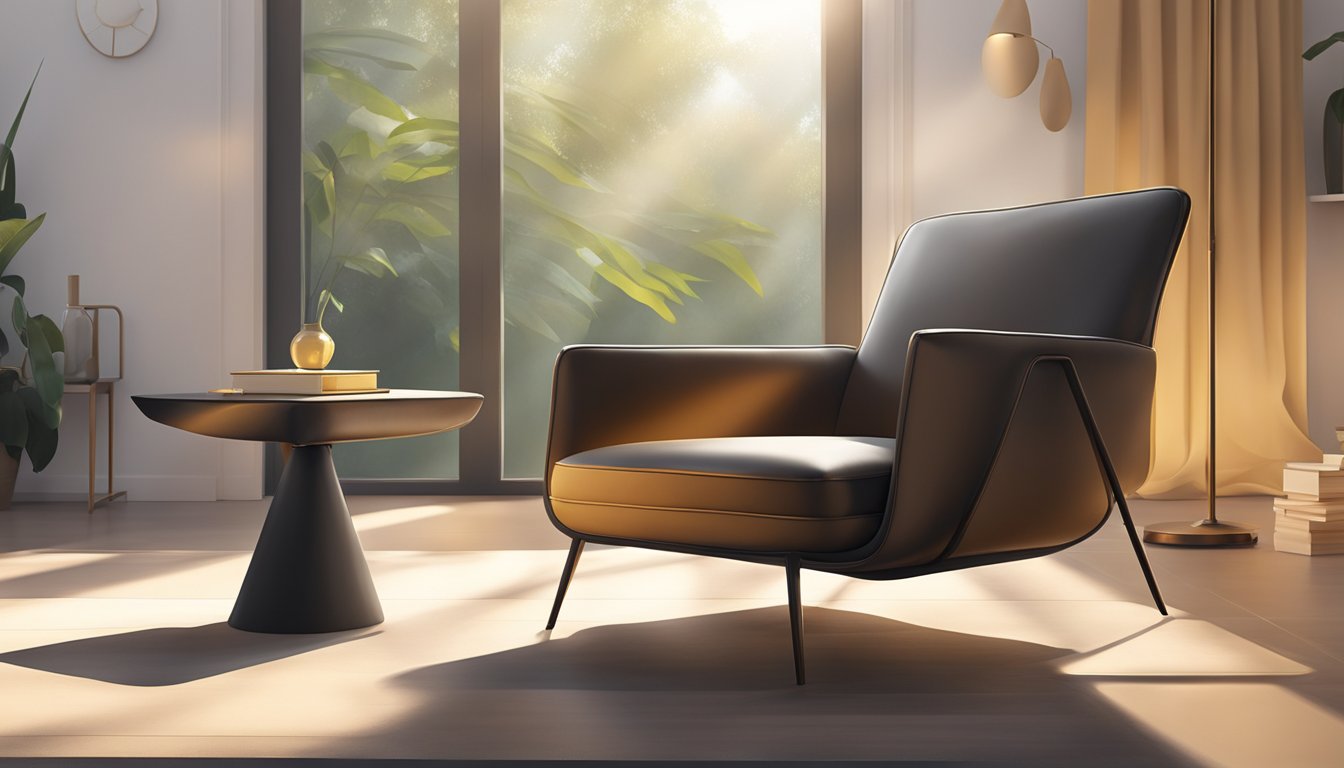 A sleek faux leather armchair sits in a sunlit room, its smooth surface catching the light