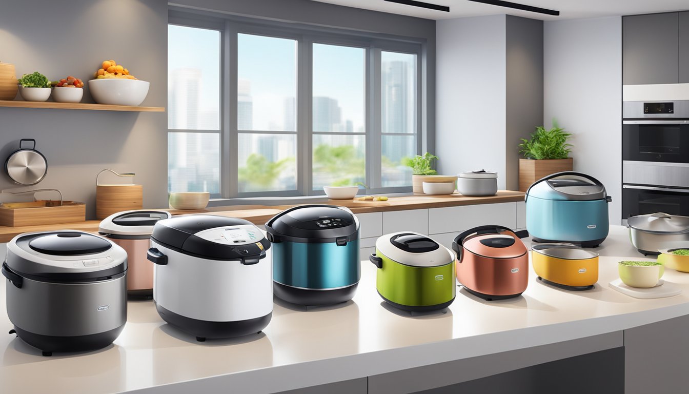 A variety of sleek and modern rice cookers on display in a brightly lit Singaporean kitchen showroom