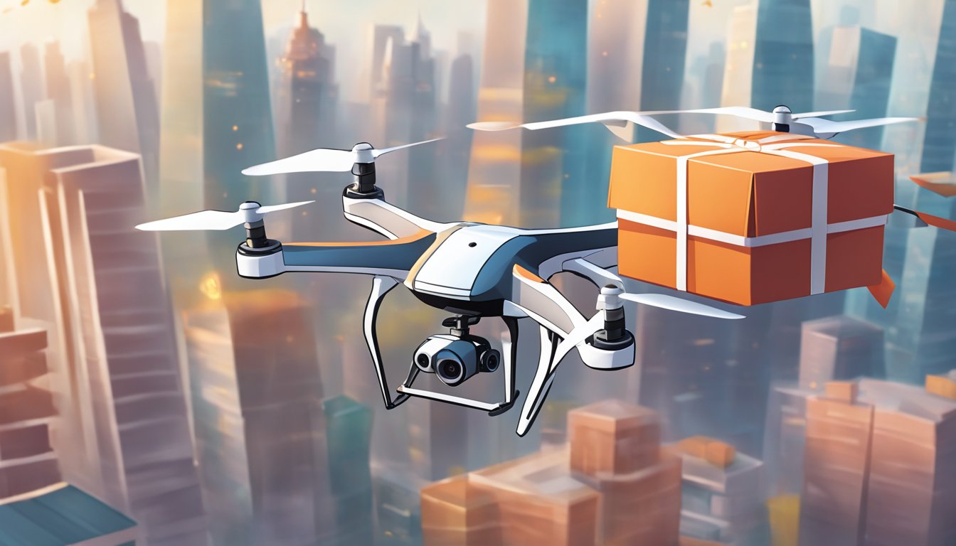 A delivery drone hovers over a bustling city, carrying a stack of beautifully wrapped Chinese New Year corporate gifts. The drone navigates through the urban landscape, ensuring timely delivery for the upcoming celebrations