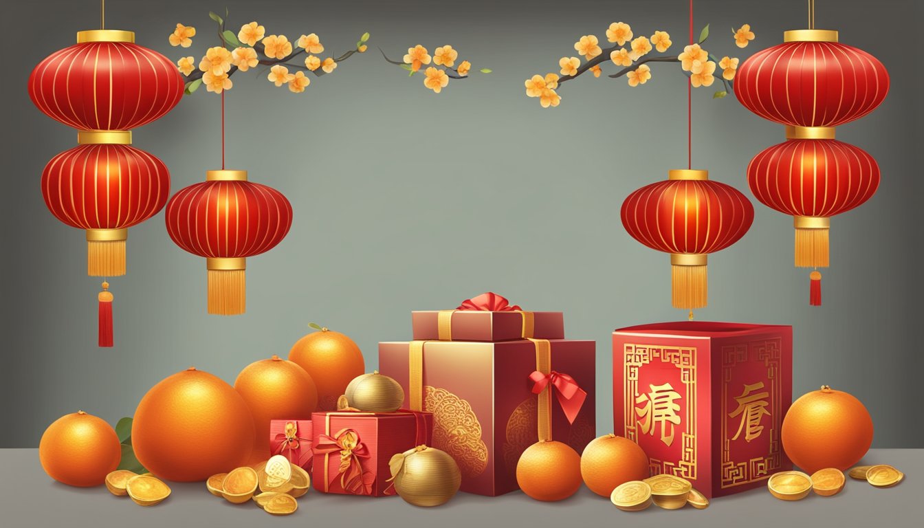 A festive Chinese New Year gift display with traditional red and gold decorations, including lanterns, tangerines, and lucky money envelopes