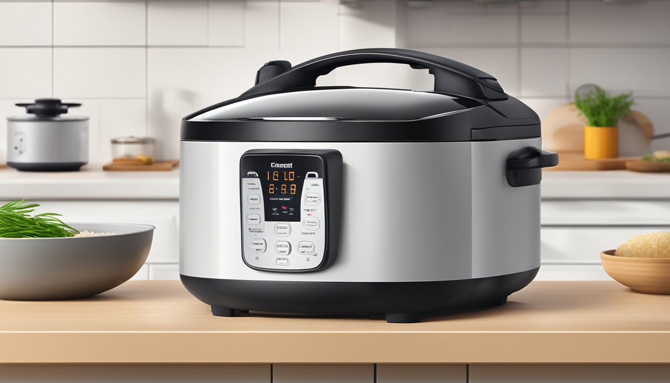 A rice cooker sits on a kitchen countertop, steam rising from the vent as it cooks perfectly fluffy rice. The control panel displays various functions and settings, showcasing the versatility of the appliance