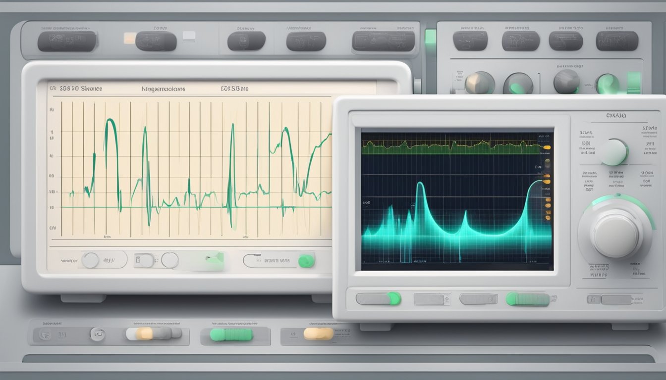A Doppler ultrasound machine is emitting sound waves and measuring the fetal heart rate. The screen displays the waveforms and numerical values