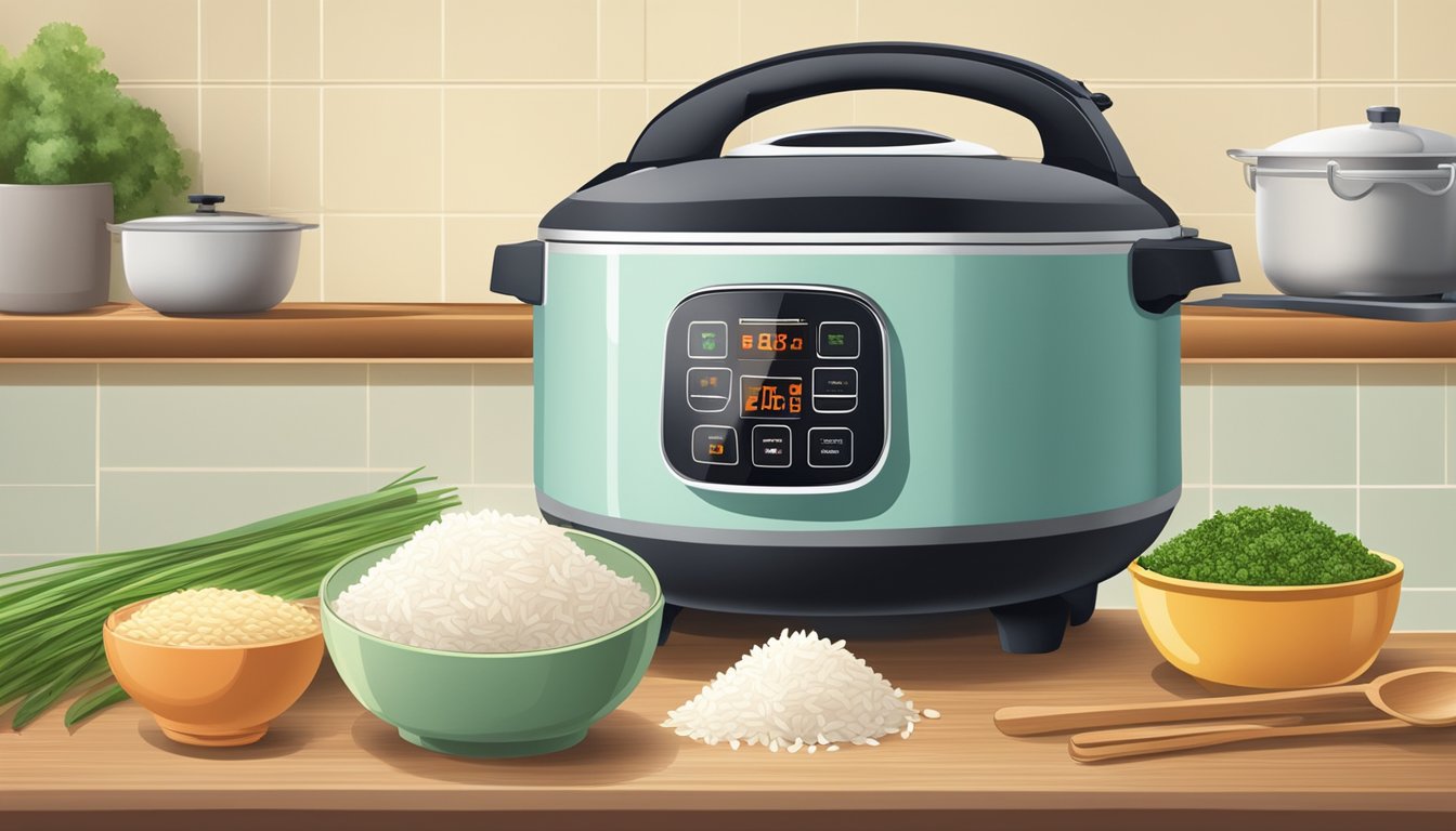 A rice cooker sitting on a kitchen countertop with a steaming pot of freshly cooked rice inside, surrounded by various ingredients and utensils