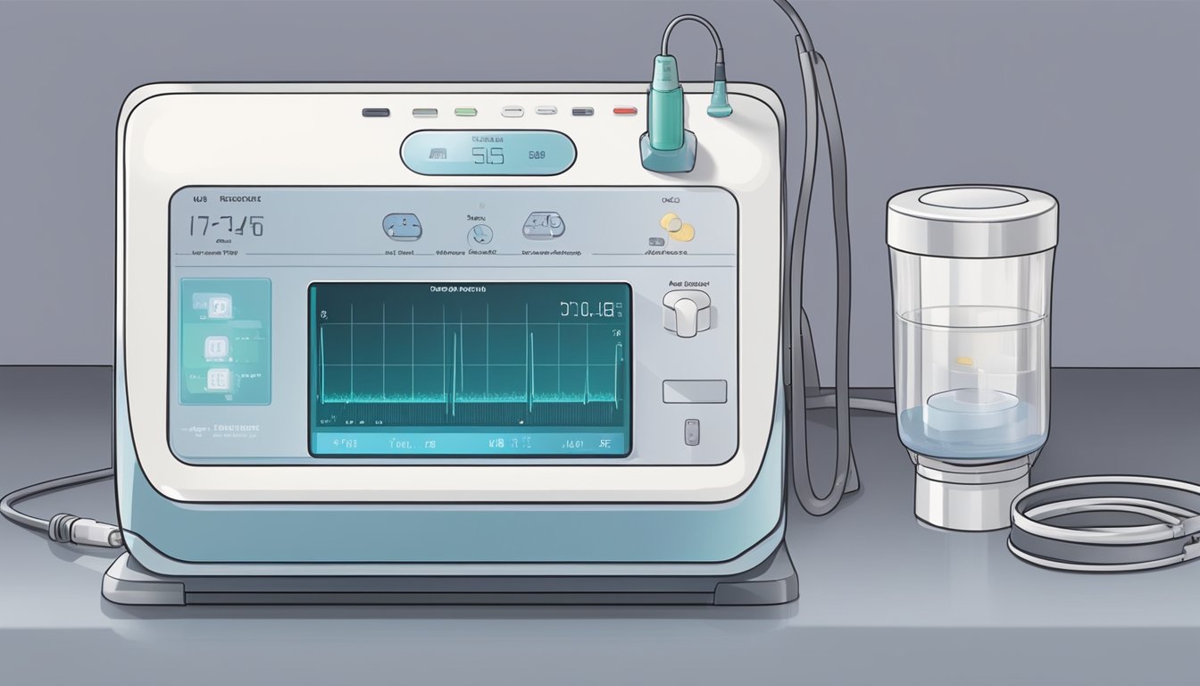 A doppler ultrasound machine is positioned on a table, with a gel dispenser nearby. A fetal heart rate monitor is connected to the machine, displaying a steady heartbeat
