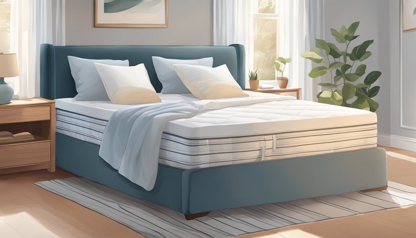 A person fluffs pillows and straightens sheets on a queen size mattress in a well-lit bedroom