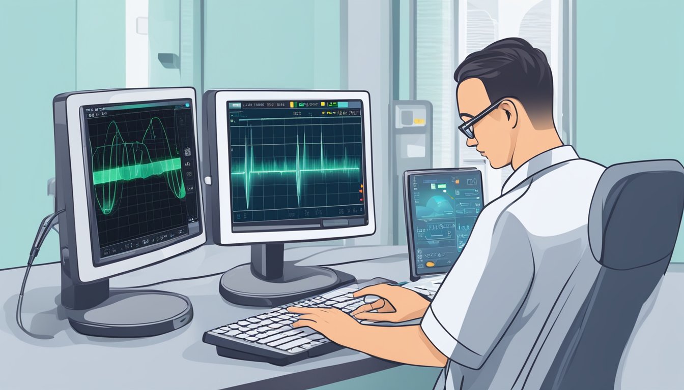 A doppler ultrasound machine measures fetal heart rate. The technician adjusts the probe and observes the monitor for accurate readings