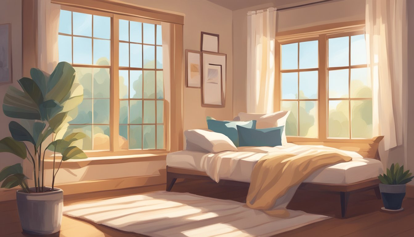 A cozy day bed sits by the window, adorned with soft pillows and a warm throw blanket. Sunlight streams in, casting a gentle glow on the inviting space