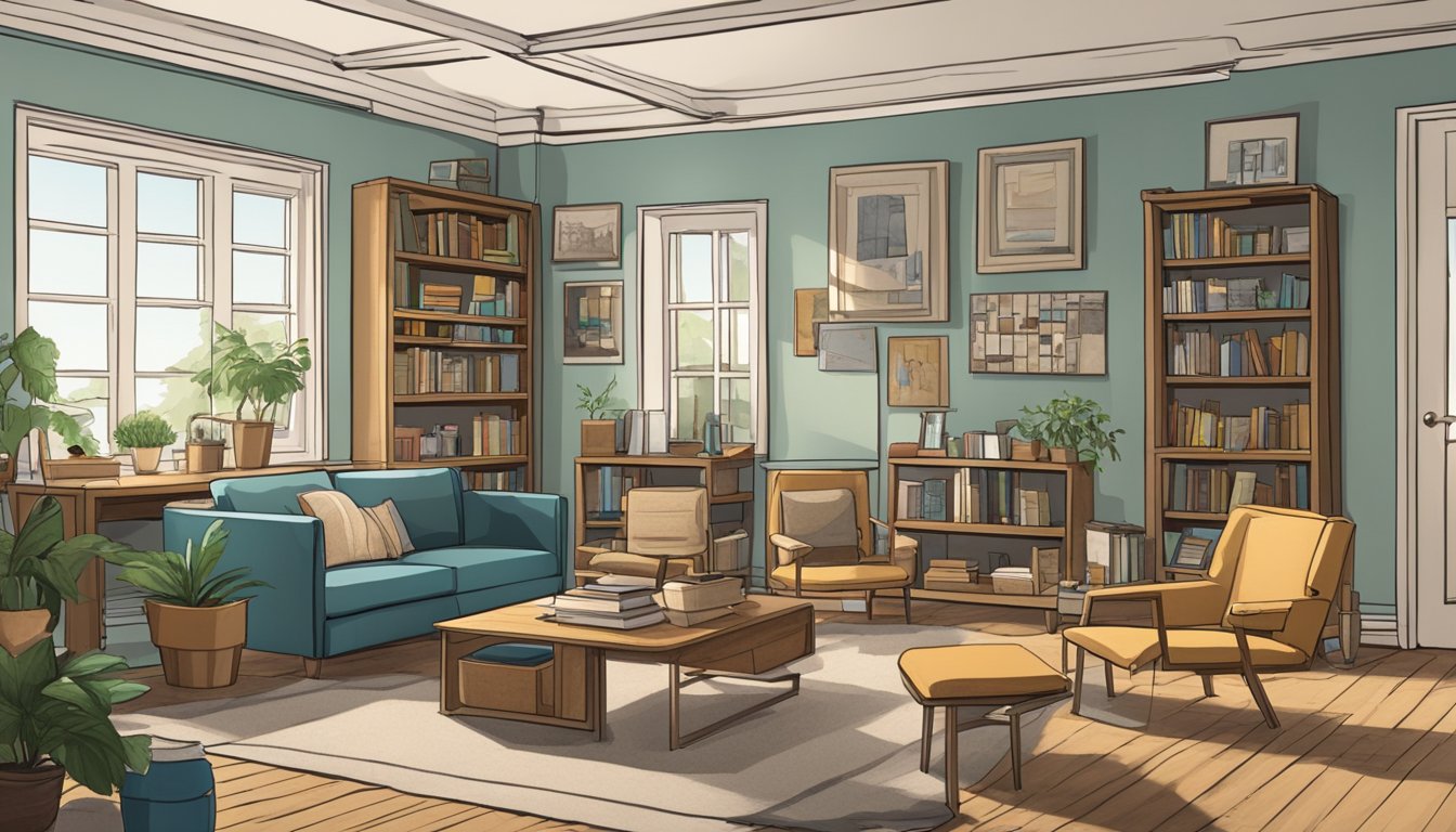 A cluttered room with inexpensive chairs and tables, a simple sofa, and a basic wooden bookshelf. The furniture is functional but lacks sophistication