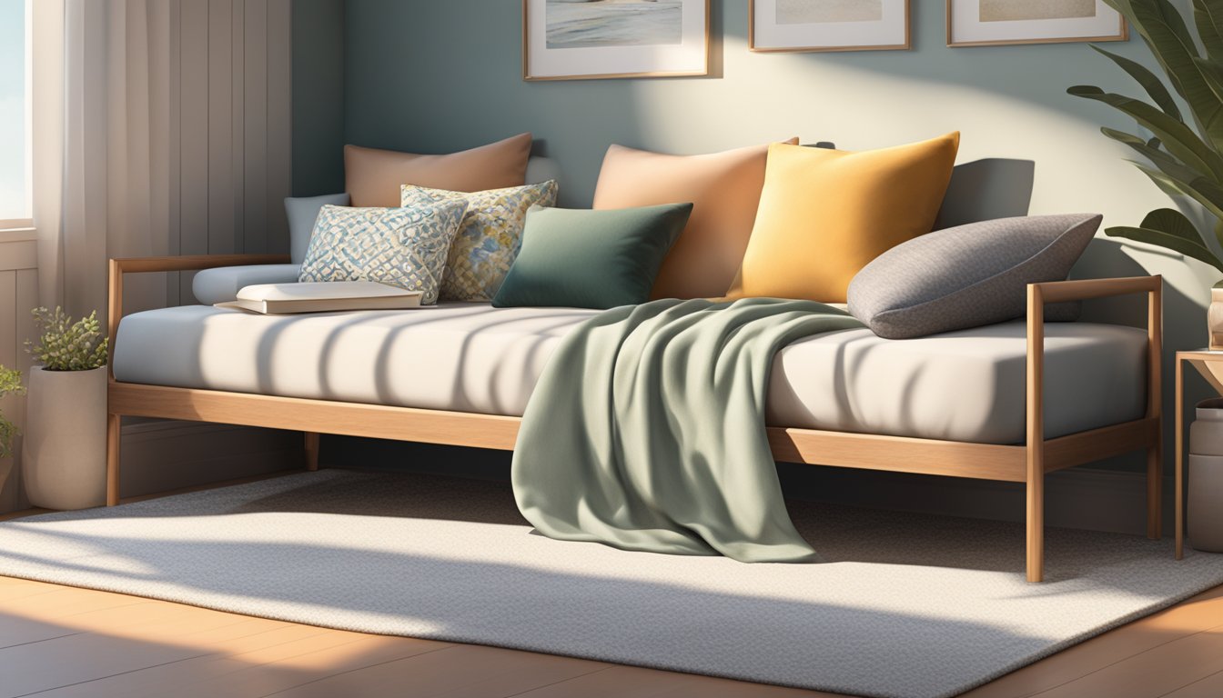 A day bed with a sleek, modern design sits in a sunlit room, adorned with plush pillows and a cozy throw blanket