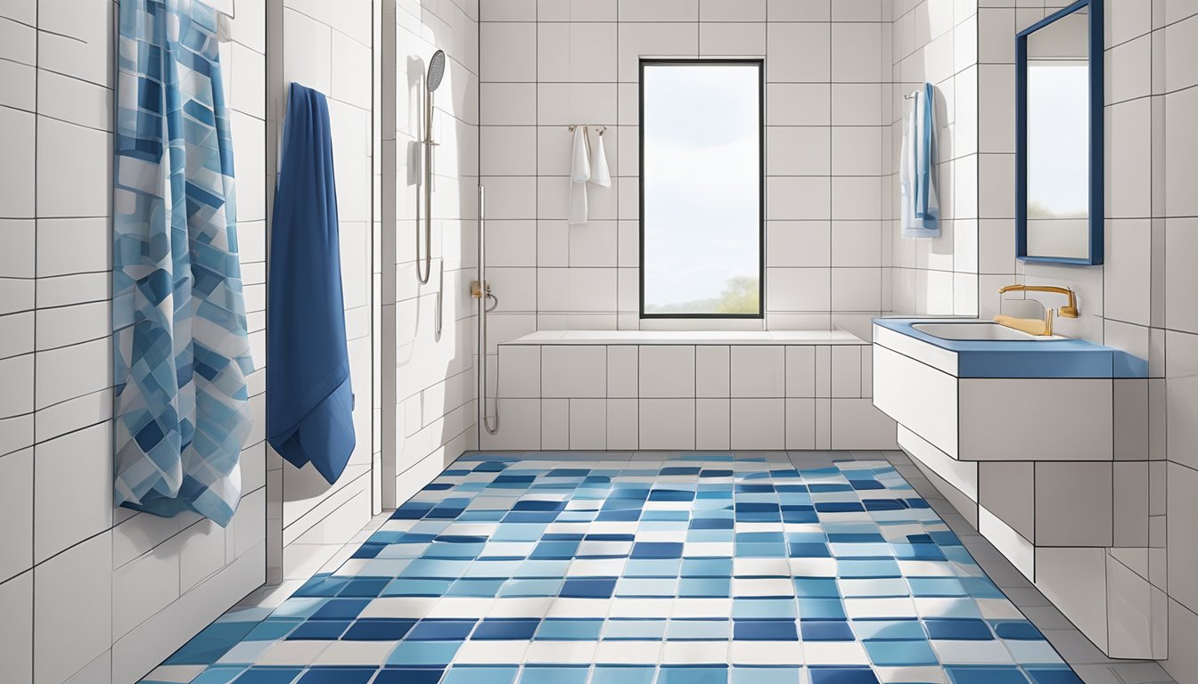 Two bathroom mats lay on the tiled floor, one in front of the sink and the other in front of the shower. The mats are a matching set, featuring a simple geometric pattern in shades of blue and white