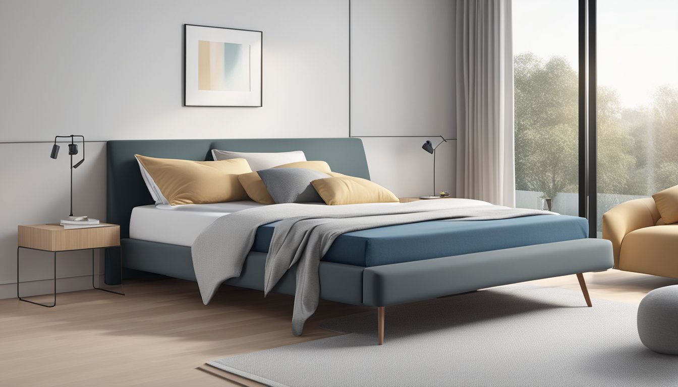 A foldable mattress lies on a sleek, modern bed frame in a minimalist bedroom