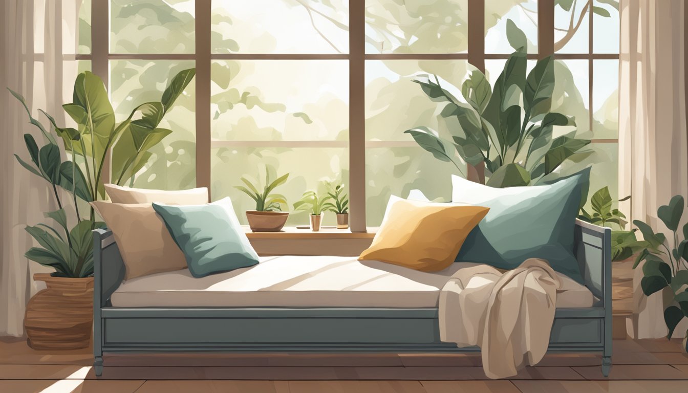 A cozy day bed sits by a sunlit window, adorned with soft pillows and a throw blanket. The room is filled with natural light and plants, creating a serene and inviting atmosphere