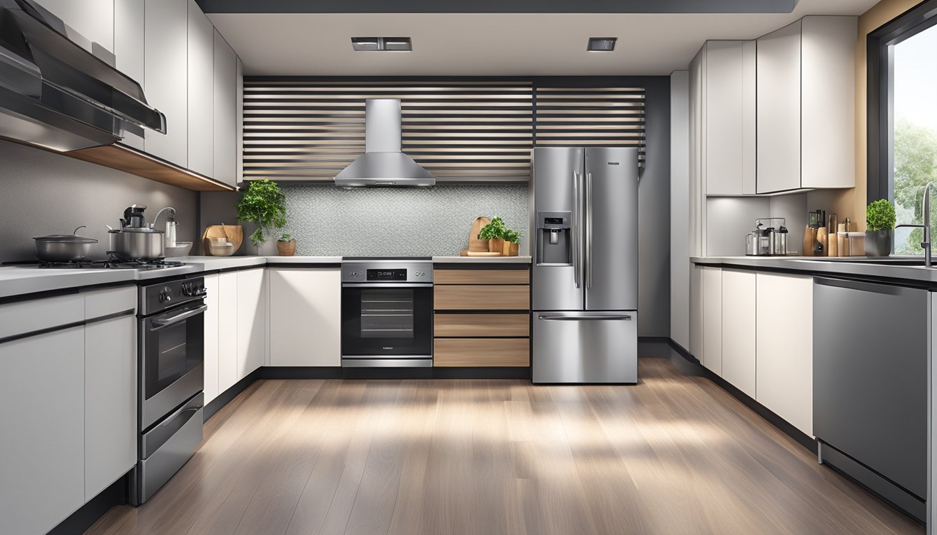 A modern kitchen with sleek appliances in Singapore. Brightly lit, clean countertops, and state-of-the-art refrigerator, stove, and dishwasher