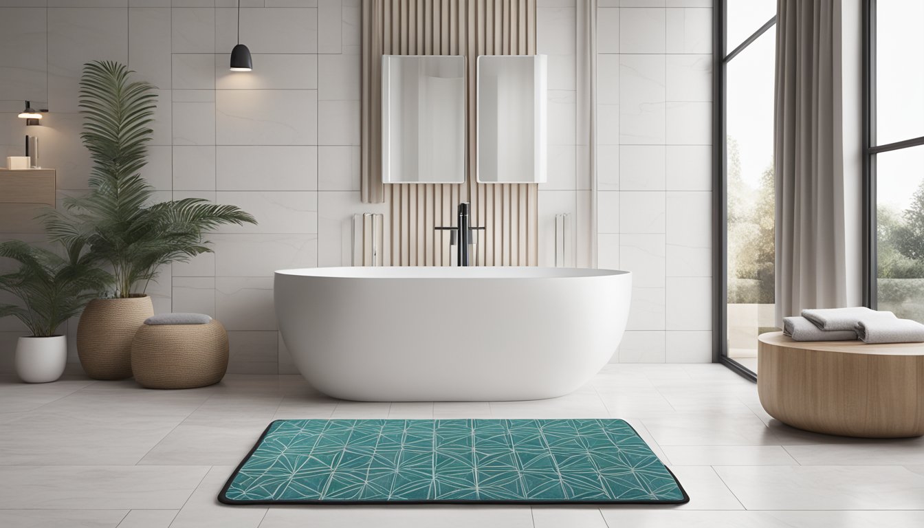A plush, absorbent bathroom mat in front of a sleek, modern bathtub. The mat is a neutral color, with a subtle geometric pattern