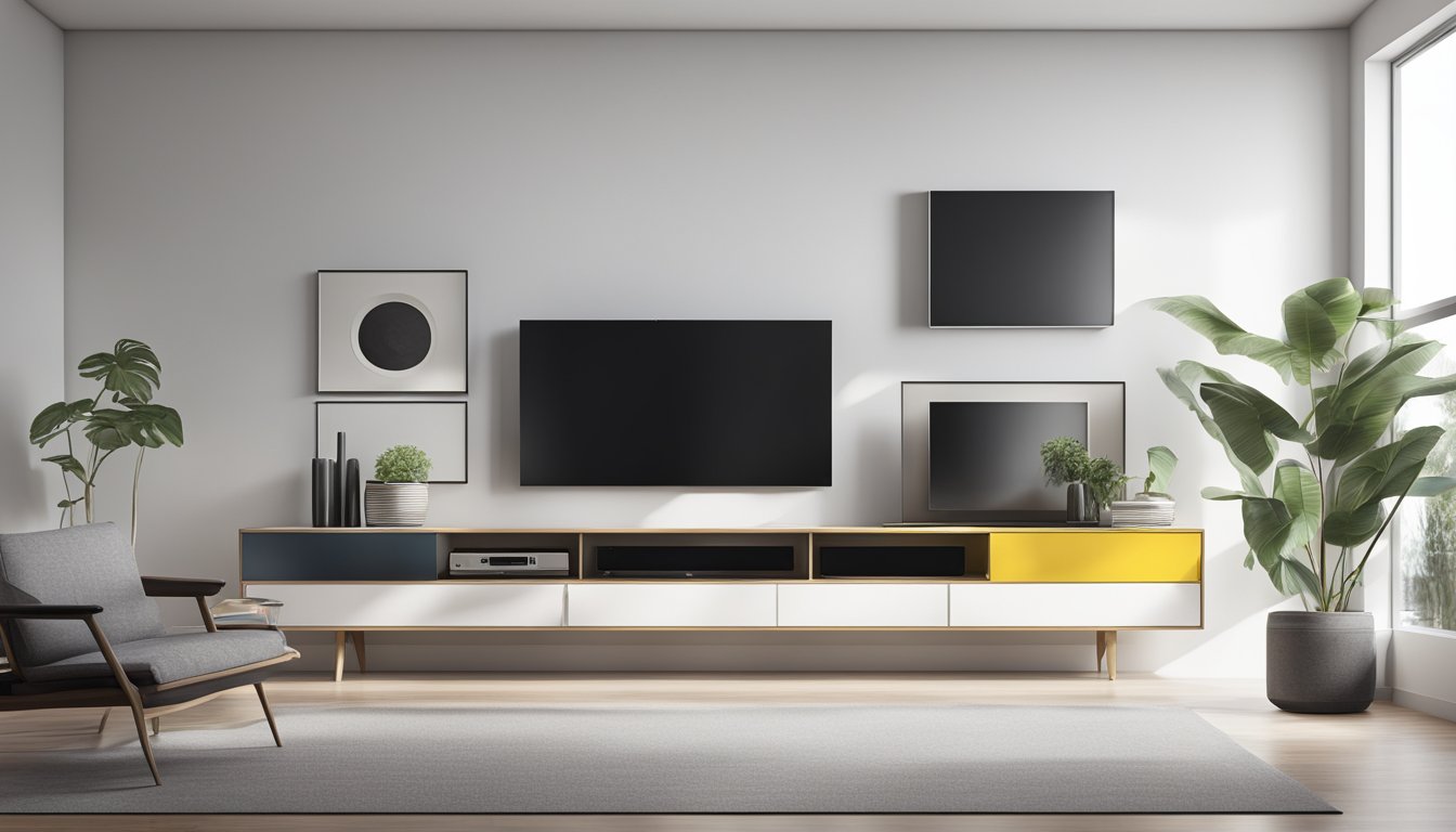 A sleek TV cabinet stands against a white wall, with clean lines and minimalistic design. The cabinet has a glossy finish and a large, flat-screen TV mounted on the wall above it