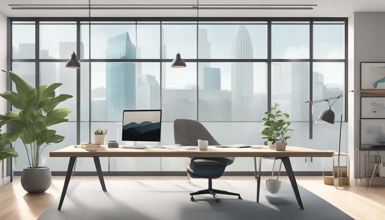 A sleek, modern office space with clean lines, minimalist furniture, and pops of color. Large windows let in natural light, highlighting the carefully curated decor