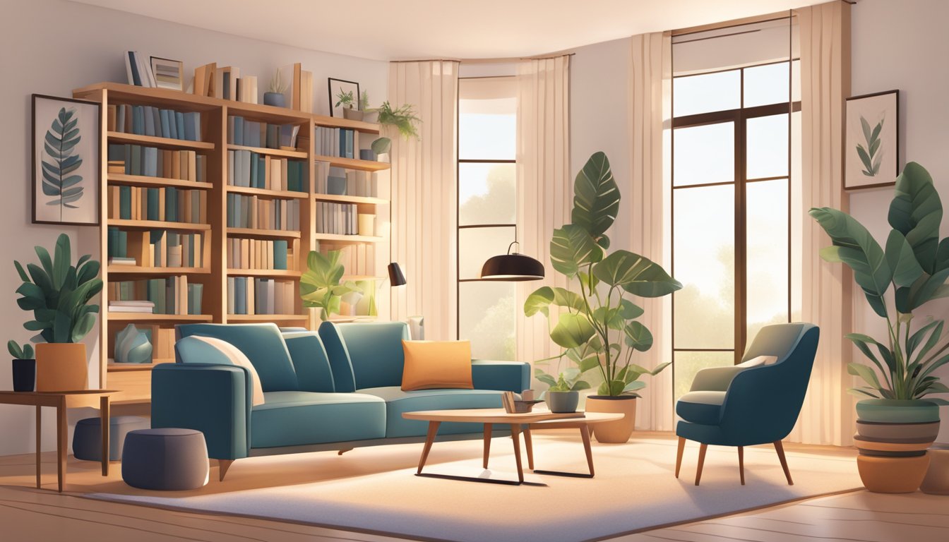 A cozy living room with modern furniture, warm lighting, and soft textiles. A bookshelf filled with books and plants adds a touch of nature