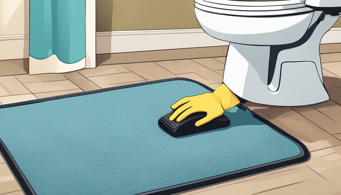 A hand reaches down to shake out a bathroom mat, while a vacuum and cleaning spray sit nearby